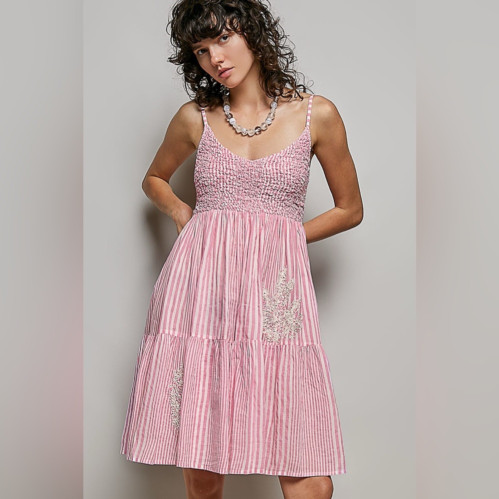 POL Pink Cotton Striped Smocked Sundress with Embroidery - Picture 2 of 6